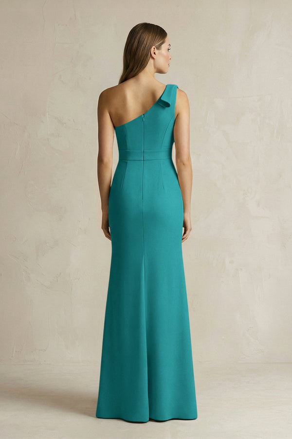 One - Shoulder Sheath Satin Long Bridesmaid Dress in Turquoise - SHE IS ME Bridesmaid Dresses