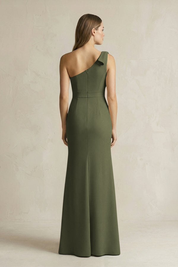 One - Shoulder Sheath Satin Long Bridesmaid Dress in Willow Green - SHE IS ME Bridesmaid Dresses