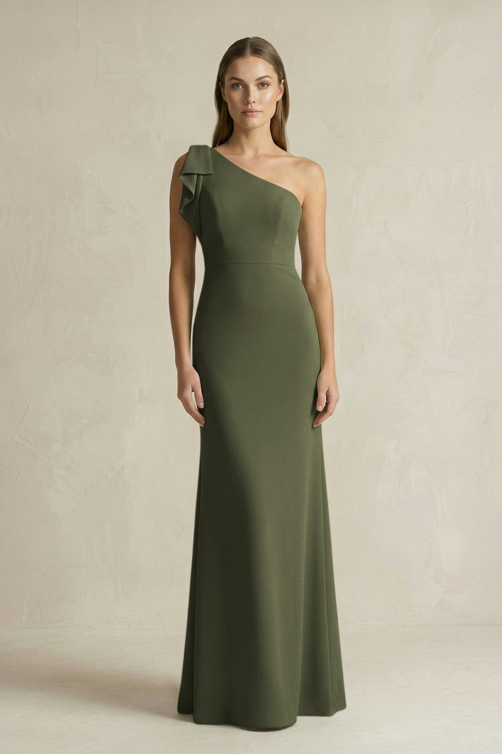 One - Shoulder Sheath Satin Long Bridesmaid Dress in Willow Green - KISS BRIDAL Bridesmaid Dresses