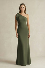 One - Shoulder Sheath Satin Long Bridesmaid Dress in Willow Green - KISS BRIDAL Bridesmaid Dresses