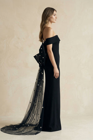 One - Shoulder Sheath Satin Wedding Dress With Back Bow in Black - SHE IS ME Wedding Dresses