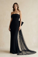 One - Shoulder Sheath Satin Wedding Dress With Back Bow in Black - KISS BRIDAL Wedding Dresses