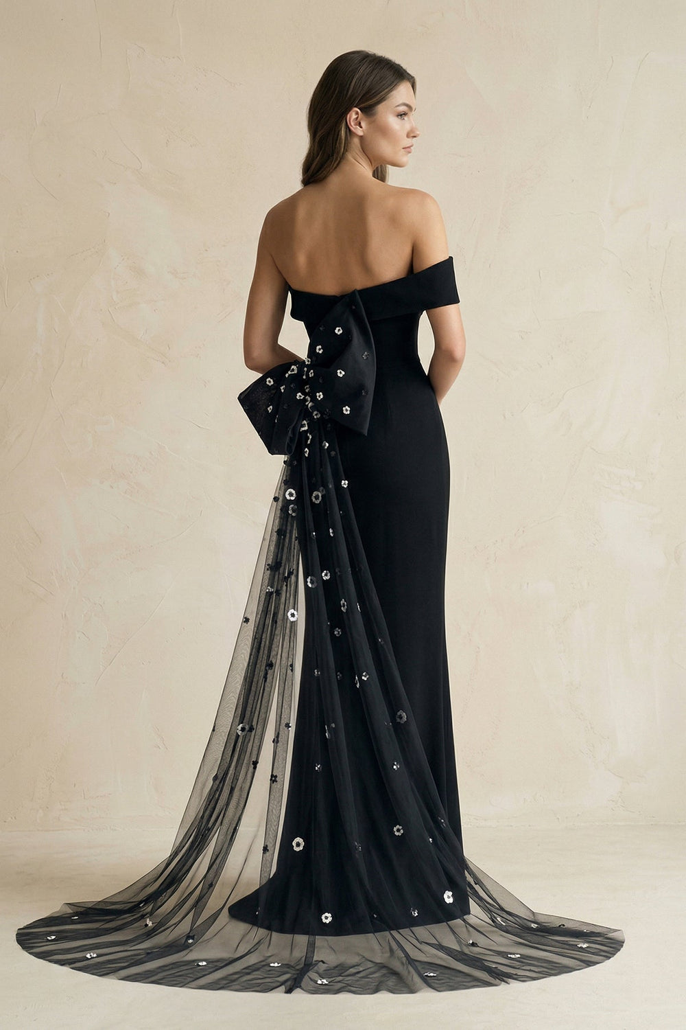 One - Shoulder Sheath Satin Wedding Dress With Back Bow in Black - KISS BRIDAL Wedding Dresses