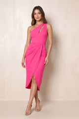 One - shoulder Sheath Stretch Satin Midi Dress in Fuchsia - KISS BRIDAL Dresses