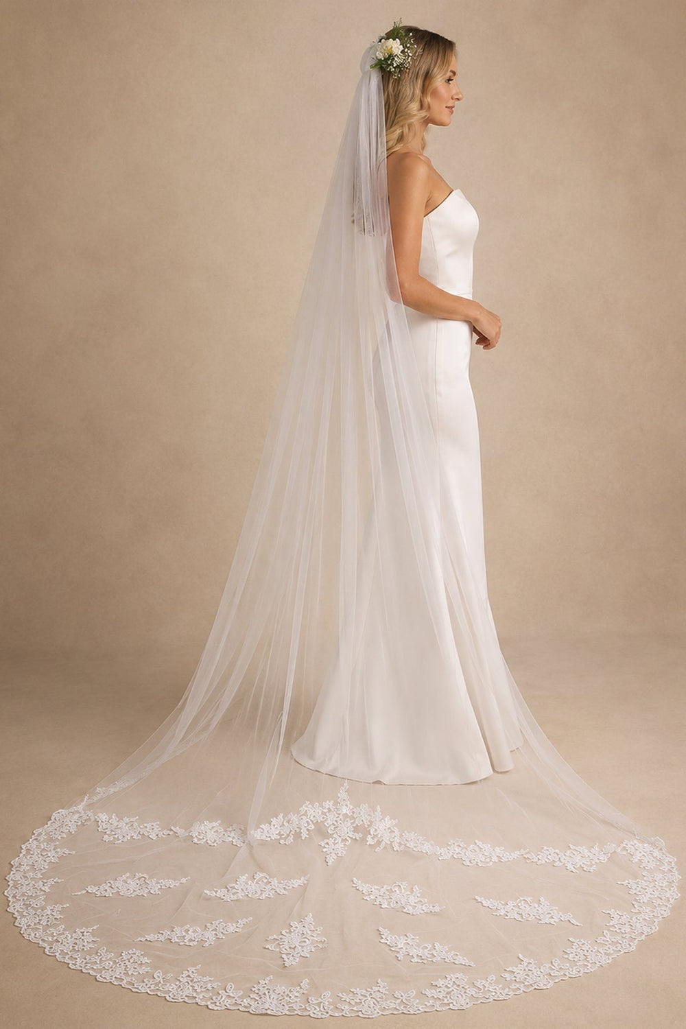 One Tier White Cathedral Veils Simple with Lace Train in White - SHE IS ME Wedding Veils