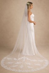 One Tier White Cathedral Veils Simple with Lace Train in White - KISS BRIDAL Wedding Veils