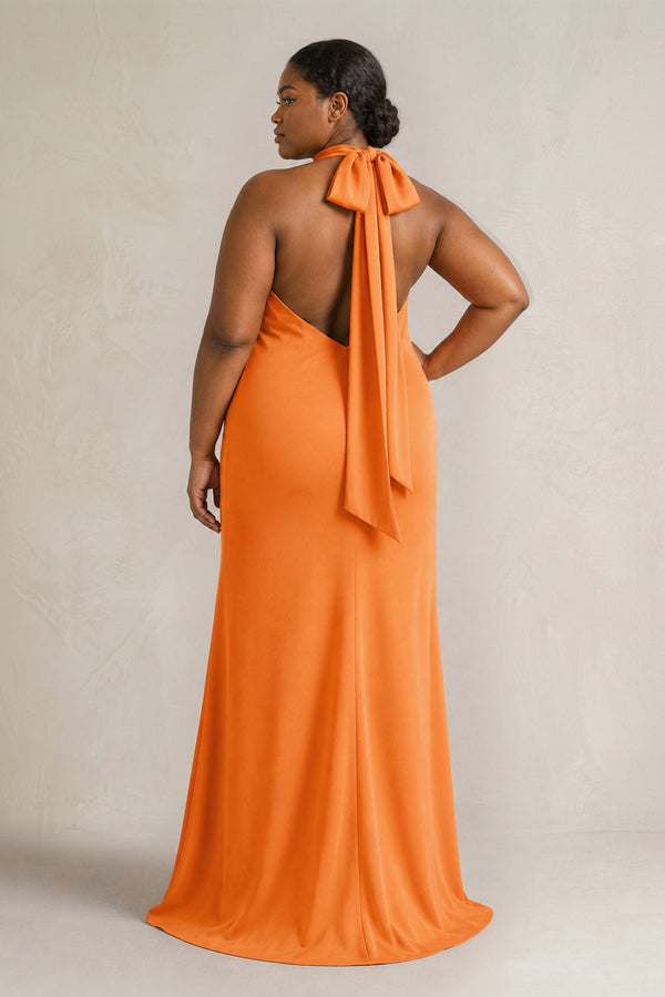 Orange Halter Sheath Satin Bridesmaid Dress With Bow (2) | KISSPROM