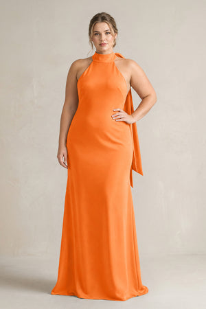 Orange Halter Sheath Satin Bridesmaid Dress With Bow (3) | KISSPROM