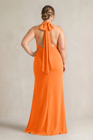 Orange Halter Sheath Satin Bridesmaid Dress With Bow (4) | KISSPROM