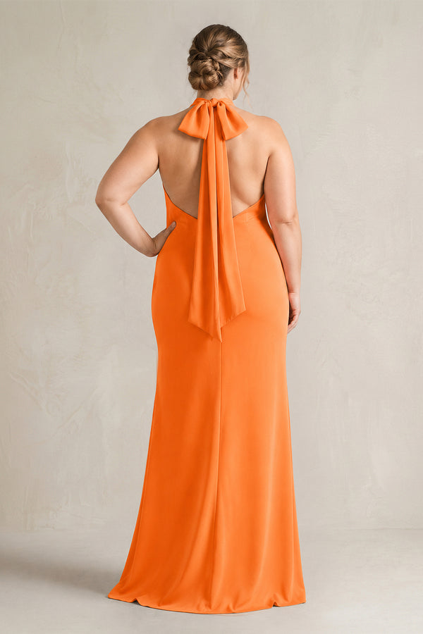 Orange Halter Sheath Satin Bridesmaid Dress With Bow (4) | KISSPROM