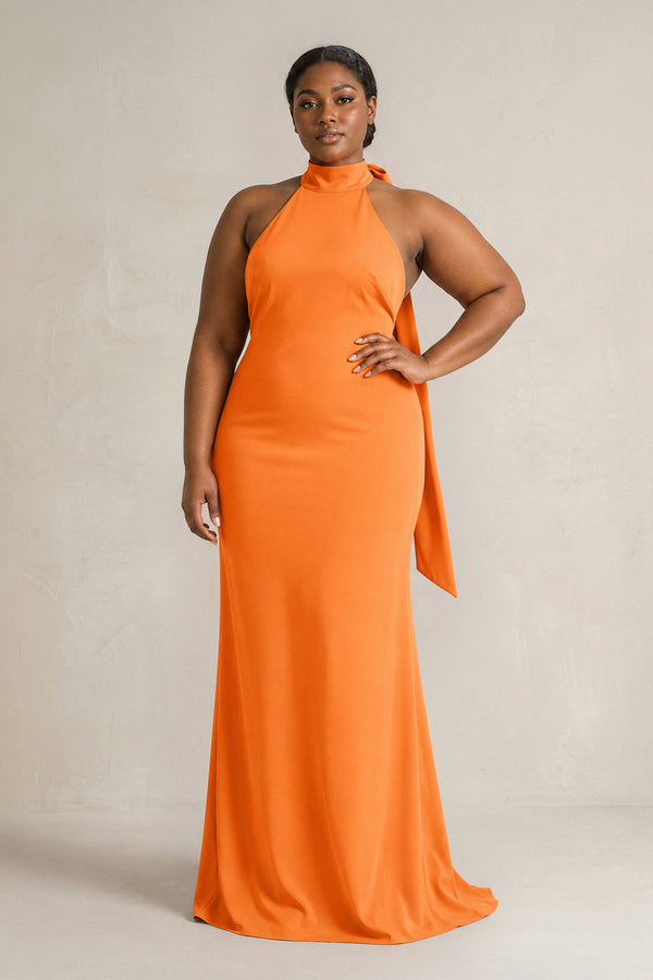 Orange Halter Sheath Satin Bridesmaid Dress With Bow | KISSPROM