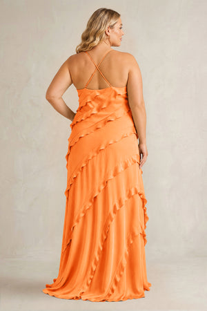 Orange Spaghetti Straps Sheath Stain Ruffled Bridesmaid Dress (2) | KISSBRIDAL[sizeplus]