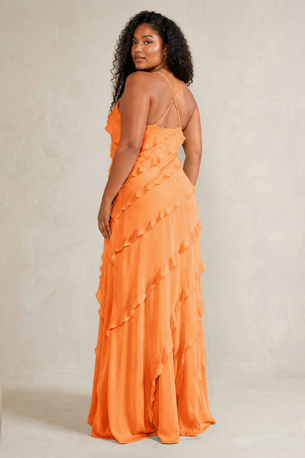 Orange Spaghetti Straps Sheath Stain Ruffled Bridesmaid Dress (4) | KISSBRIDAL[sizeplus]