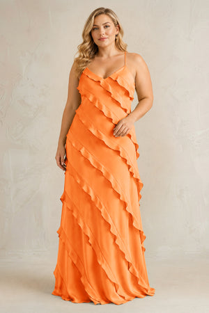 Orange Spaghetti Straps Sheath Stain Ruffled Bridesmaid Dress | KISSBRIDAL[sizeplus]