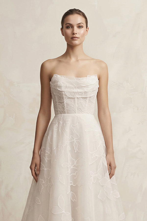 Organza Appliqued Sweetheart A - Line Corset Wedding Gown in Ivory - SHE IS ME Wedding Dresses