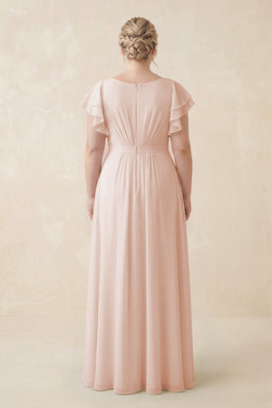Pale Blush Cap Sleeve Ruffled A-Line Chiffon Bridesmaid Dress (2) | KISSBRIDAL
