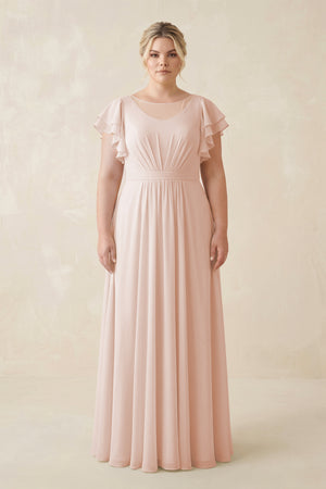 Pale Blush Cap Sleeve Ruffled A-Line Chiffon Bridesmaid Dress | KISSBRIDAL
