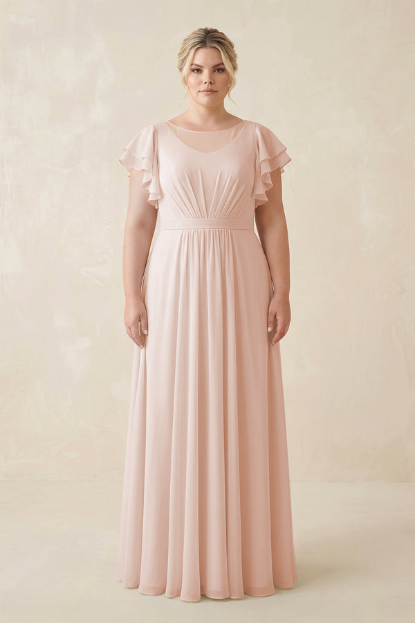 Pale Blush Cap Sleeve Ruffled A-Line Chiffon Bridesmaid Dress | KISSBRIDAL