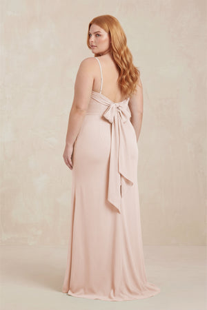 Pale Blush Cowl Neck Sheath Chiffon Bridesmaid Dress with Corset (2) | KISSBRIDAL