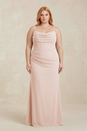 Pale Blush Cowl Neck Sheath Chiffon Bridesmaid Dress with Corset | KISSBRIDAL