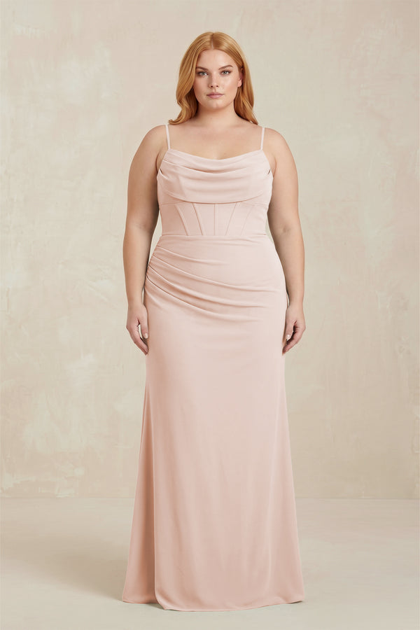 Pale Blush Cowl Neck Sheath Chiffon Bridesmaid Dress with Corset | KISSBRIDAL