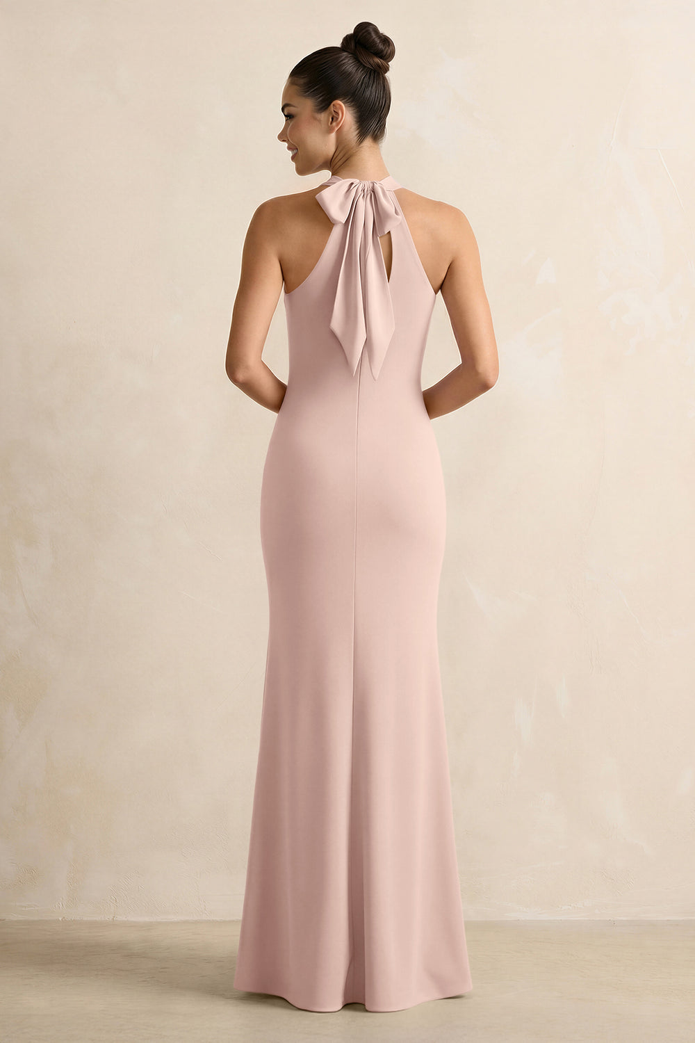 Crisscross Halter Sheath Satin Bridesmaid Dress with Bow in Pale Blush