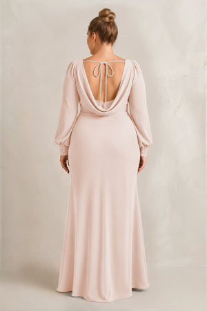 Pale Blush Long Sleeve V-Neck Sheath Chiffon Bridesmaid Dress (2) [sizeplus] | KISSBRIDAL