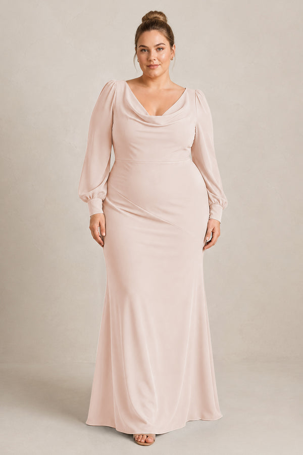 Pale Blush Long Sleeve V-Neck Sheath Chiffon Bridesmaid Dress [sizeplus] | KISSBRIDAL