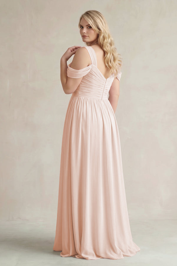 Pale Blush Off-the-Shoulder A-Line Chiffon Bridesmaid Dress With Slit (2) | KISSBRIDAL