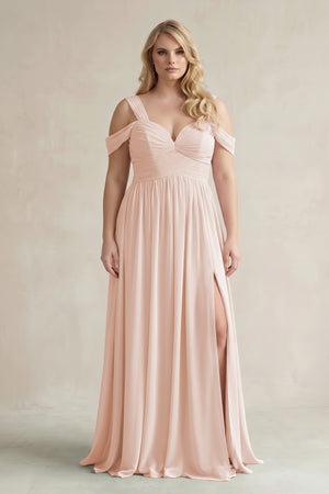 Pale Blush Off-the-Shoulder A-Line Chiffon Bridesmaid Dress With Slit | KISSBRIDAL