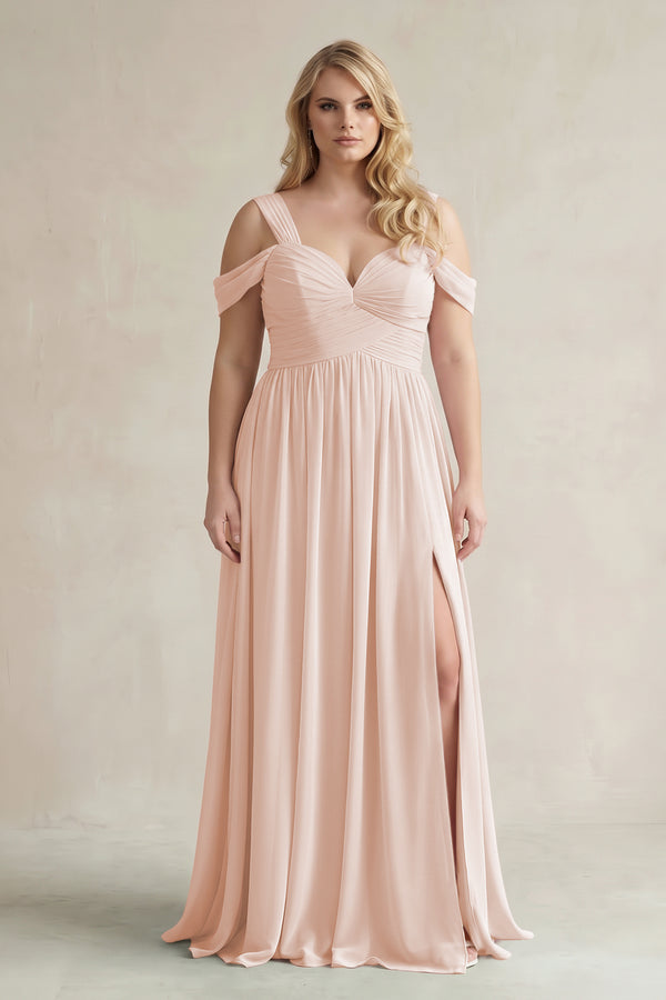 Pale Blush Off-the-Shoulder A-Line Chiffon Bridesmaid Dress With Slit | KISSBRIDAL