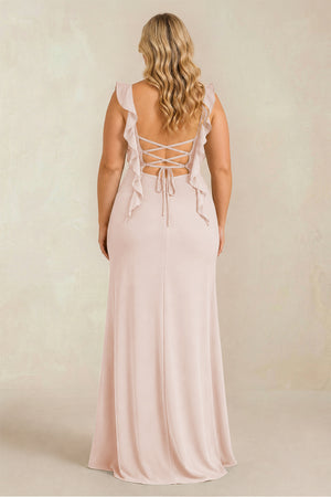Pale Blush Ruffled Sleeve Ruched Sheath Chiffon Bridesmaid Dress (2) [sizeplus] | KISSBRIDAL