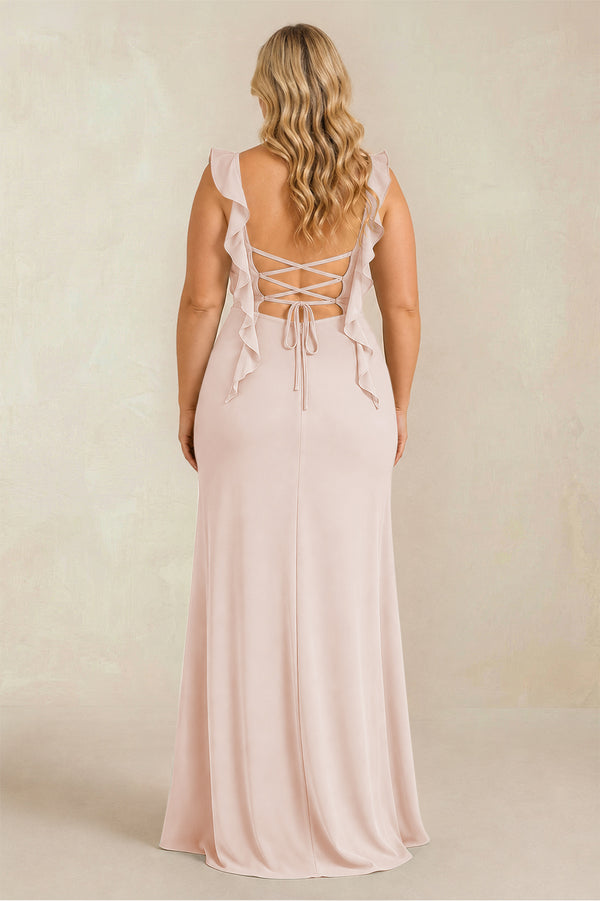 Pale Blush Ruffled Sleeve Ruched Sheath Chiffon Bridesmaid Dress (2) [sizeplus] | KISSBRIDAL