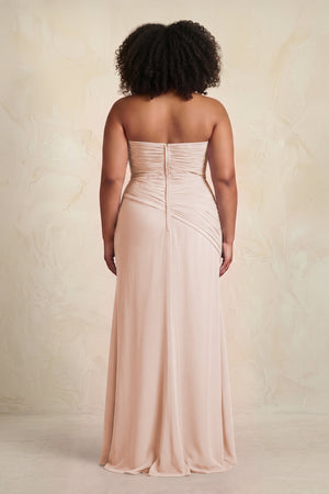 Pale Blush Sheath Chiffon Strapless Pleated Bridesmaid Dress (2) | KISSBRIDAL[sizeplus]