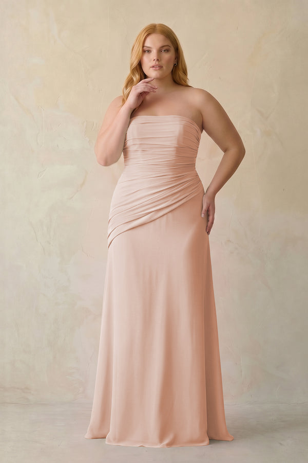 Pale Blush Sheath Chiffon Strapless Pleated Bridesmaid Dress (3) | KISSBRIDAL[sizeplus]
