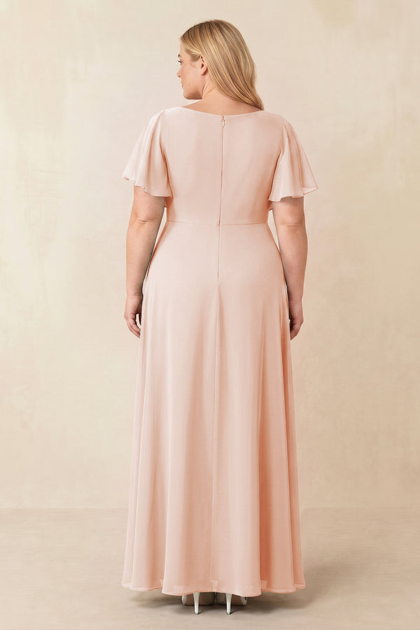 Pale Blush Short Sleeves Bateau A-Line Chiffon Bridesmaid Dress (2) [sizeplus] | KISSBRIDAL
