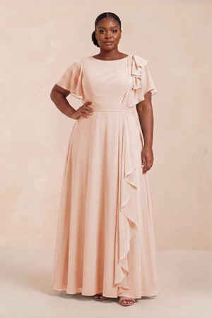 Pale Blush Short Sleeves Bateau A-Line Chiffon Bridesmaid Dress (3) [sizeplus] | KISSBRIDAL