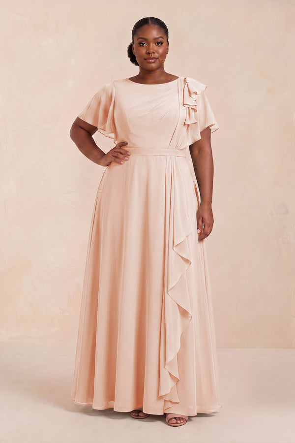 Pale Blush Short Sleeves Bateau A-Line Chiffon Bridesmaid Dress (3) [sizeplus] | KISSBRIDAL