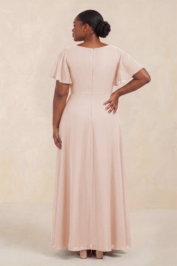 Pale Blush Short Sleeves Bateau A-Line Chiffon Bridesmaid Dress (4) [sizeplus] | KISSBRIDAL