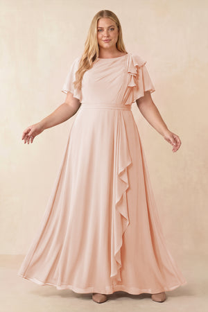 Pale Blush Short Sleeves Bateau A-Line Chiffon Bridesmaid Dress [sizeplus] | KISSBRIDAL