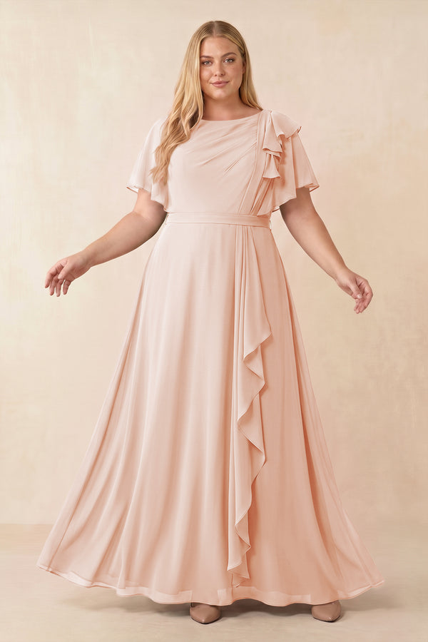 Pale Blush Short Sleeves Bateau A-Line Chiffon Bridesmaid Dress [sizeplus] | KISSBRIDAL