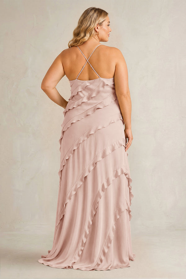 Pale Blush Spaghetti Straps Sheath Stain Ruffled Bridesmaid Dress (2) | KISSBRIDAL[sizeplus]