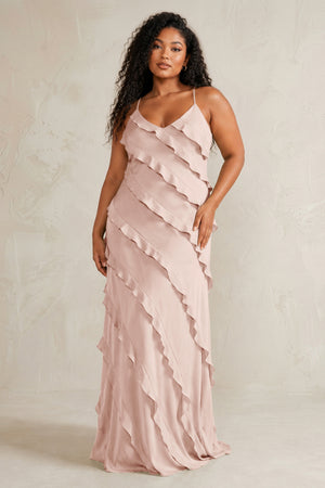 Pale Blush Spaghetti Straps Sheath Stain Ruffled Bridesmaid Dress (3) | KISSBRIDAL[sizeplus]