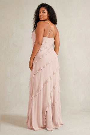 Pale Blush Spaghetti Straps Sheath Stain Ruffled Bridesmaid Dress (4) | KISSBRIDAL[sizeplus]