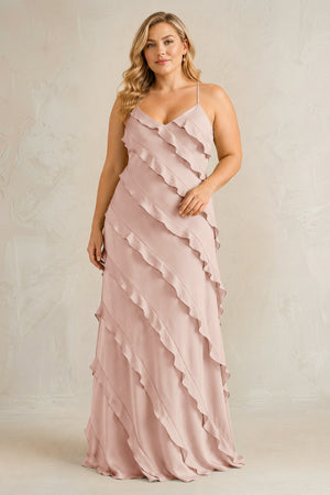 Pale Blush Spaghetti Straps Sheath Stain Ruffled Bridesmaid Dress | KISSBRIDAL[sizeplus]