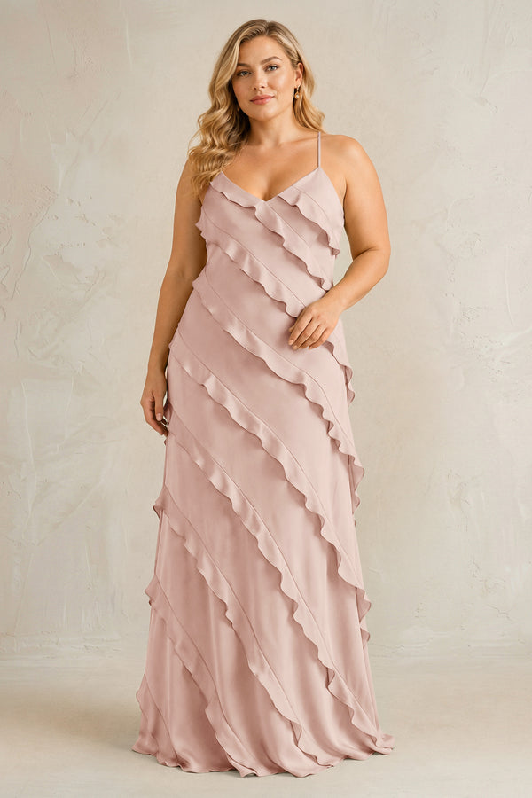 Pale Blush Spaghetti Straps Sheath Stain Ruffled Bridesmaid Dress | KISSBRIDAL[sizeplus]