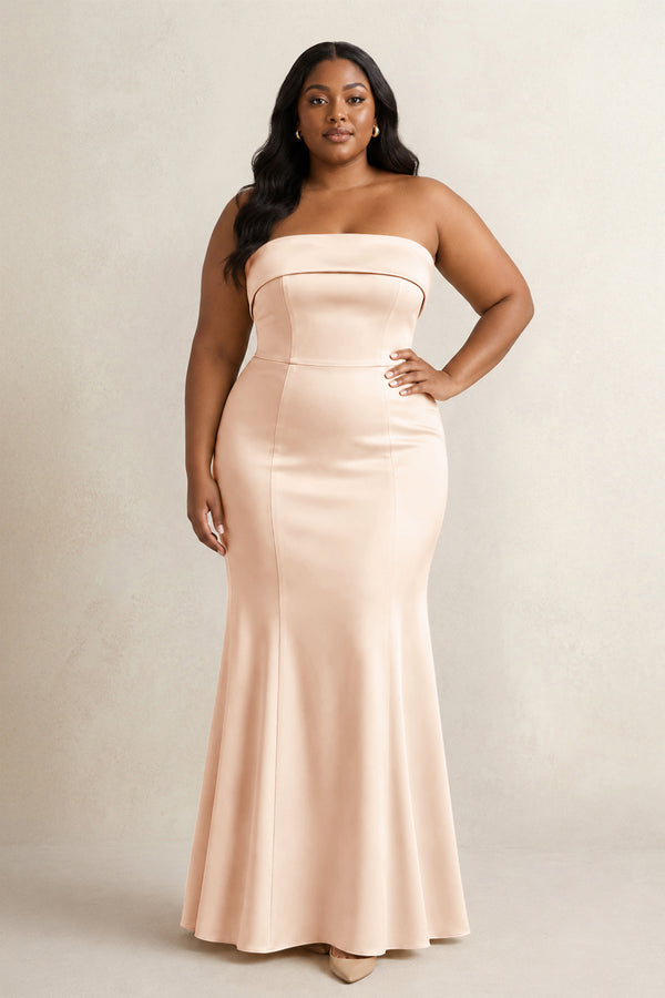 Pale Blush Strapless Satin Mermaid Bridesmaid Dress [sizeplus] | KISSBRIDAL