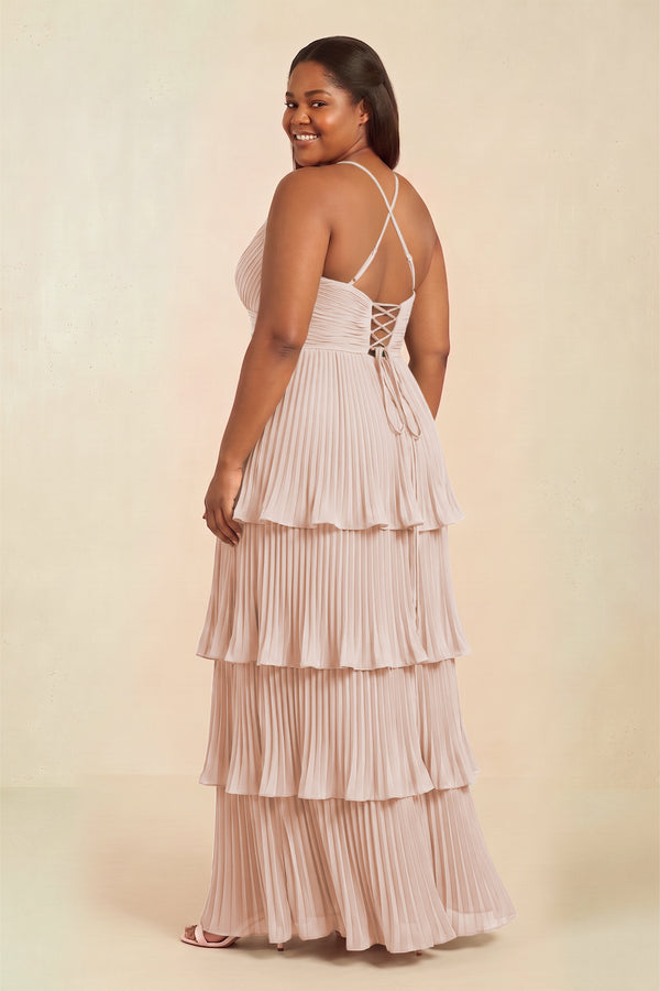 Pale Blush Tiered Pleated V-Neck A-Line Chiffon Bridesmaid Dress (2) [sizeplus] | KISSBRIDAL