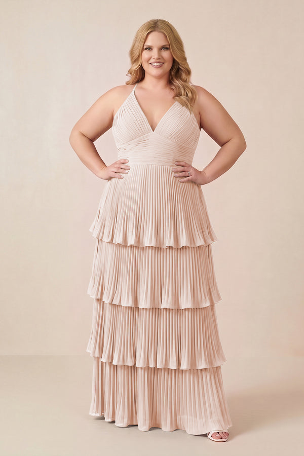 Pale Blush Tiered Pleated V-Neck A-Line Chiffon Bridesmaid Dress (3) [sizeplus] | KISSBRIDAL
