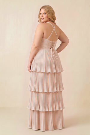 Pale Blush Tiered Pleated V-Neck A-Line Chiffon Bridesmaid Dress (4) [sizeplus] | KISSBRIDAL